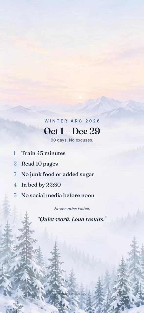Fondo de pantalla Winter Arc estilo Amanecer: un amanecer pálido sobre montañas nevadas y pinos, con cinco reglas diarias en texto oscuro